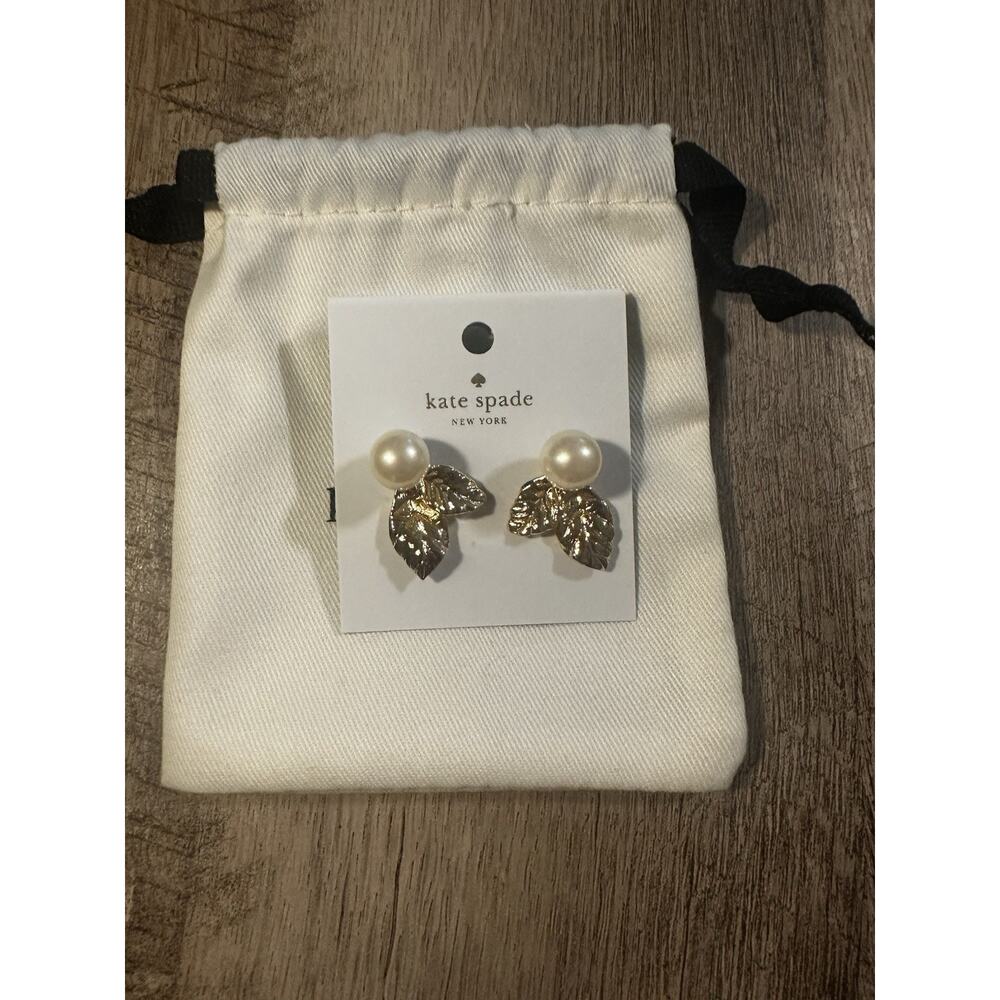Kate Spade New York NEW Lavish Blooms Pearl Gold Leaf Stud Earrings With Bag